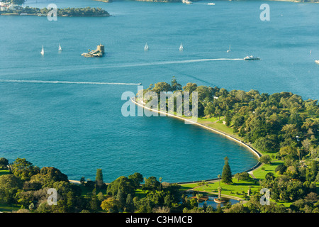 Sydney NSW Australia, Luftaufnahme der Farm Cove, Royal Botanic Gardens, Frau Macquaries Chair und Fort Denison. Stockfoto