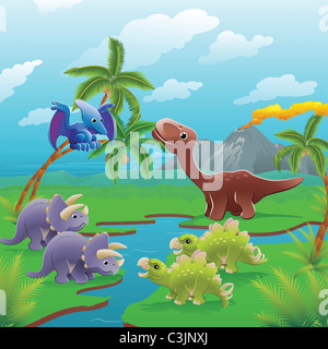 Niedlichen Dinosaurier in prähistorischen Szene. Drei Abbildungen können einzeln oder nebeneinander zu Form-Panorama-Landschaft verwendet werden. Stockfoto