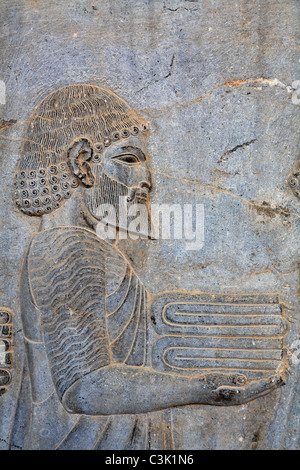 Geschnitzte Flachreliefs mit Abgesandten der Thema Nationen von Persien bringen Geschenke, Persepolis, Iran Stockfoto