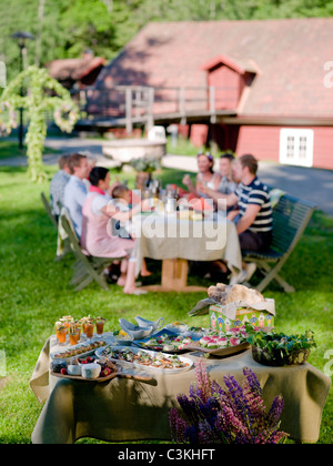 Gruppe von Menschen, die Mittagessen im Garten Stockfoto