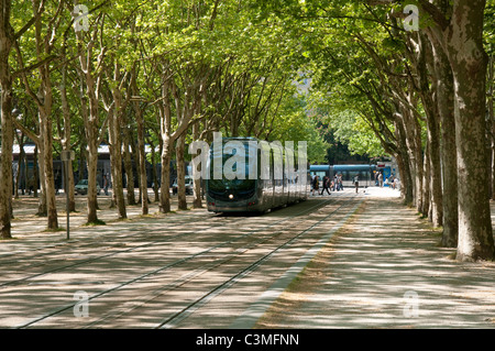 Eine Straßenbahn auf der Esplanade des Quinconces in der Stadt Bordeaux, Frankreich Europa EU Stockfoto