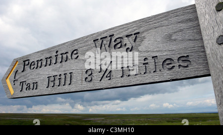 Ein Zeichen der Pennine Way post zwischen Tan Hill und den Trog Leitern, North Yorkshire, UK. Stockfoto