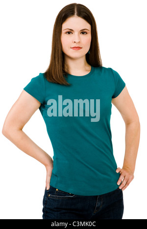 Nahaufnahme einer jungen Frau posiert isoliert auf weiß Stockfoto
