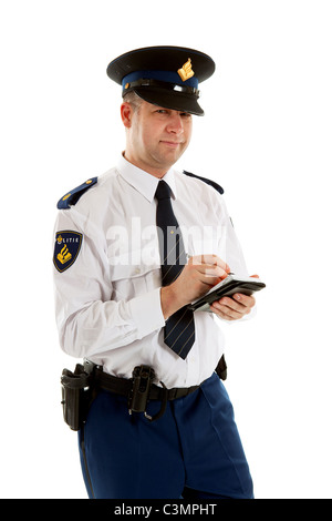 Niederländische Polizei-Offizier Parkschein ausfüllen. auf weißem Hintergrund Stockfoto