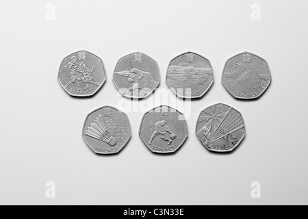 50 Cent Münzen produziert in Großbritannien mit Entwürfen für die Olympischen Spiele London 2012 Stockfoto