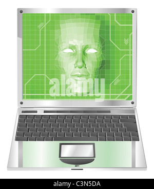 Eine konzeptionelle Business-Technologie-Hintergrund. Frau Avatar Gesicht bilden und Laptop-Bildschirm aus. Stockfoto