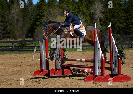 Jugendlich Pferd Reiter über eine Rampe oxer Zaun an einer im Pferdesports zeigen Wettbewerb Ontario springen Stockfoto