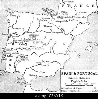 Karte von Spanien und Portugal zum Zeitpunkt der Halbinselkrieg. Die Geschichte von England veröffentlicht 1930. Stockfoto