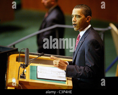 US Präsident Barack Obama liefert seiner ersten Ansprache an die Generalversammlung der Vereinten Nationen im UN-Hauptquartier am 23 September, Stockfoto