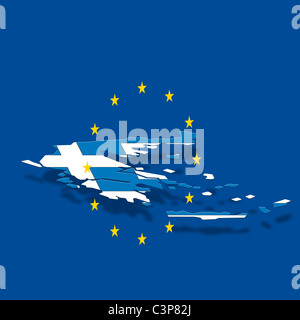 Kontur Griechenlands mit der Europäischen Union Sterne vor blauem Hintergrund, digital composite Stockfoto