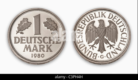 D-Mark Münze, close-up, erhöht, Ansicht Stockfoto