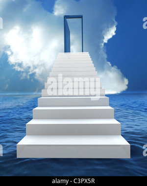 Treppe mit offener Tür zu einem halb bewölkten blauen Himmel. 3D illustration Stockfoto