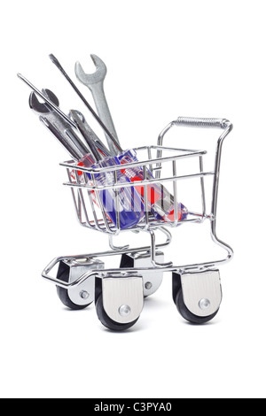 Shopping Cart und Hand-Tools auf weißem Hintergrund Stockfoto