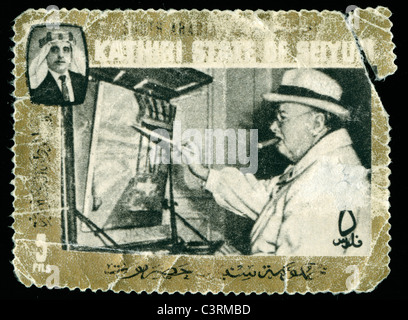 Alte Briefmarke aus dem Kathiri Bundesstaat Seiyun mit Bild von Sir Winston Churchill Stockfoto