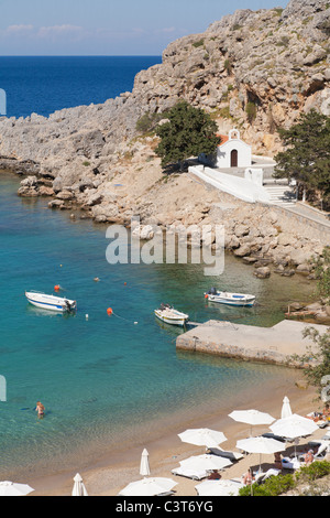 St Pauls Bay Beach und Kapelle Lindos Rhodos Griechenland Stockfoto