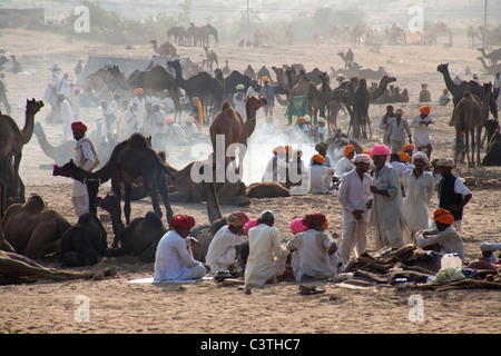 Indianer und das tägliche Leben während der jährlichen Kamel Messe in Pushkar, Rajasthan, Indien, Asien Stockfoto