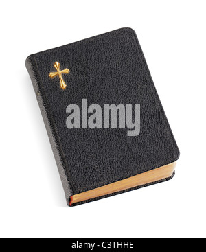 Eine alte im Taschenformat schwarze Bibel isoliert auf weißem Eith natürlichen Schatten Stockfoto