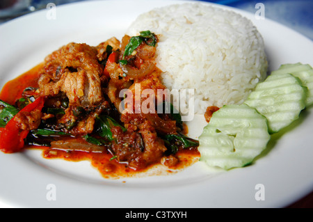 Reis serviert mit Aufregung ausgelöst, Schweinefleisch mit rotem Currypaste, Thai Street Food, Bangkok, thailand Stockfoto