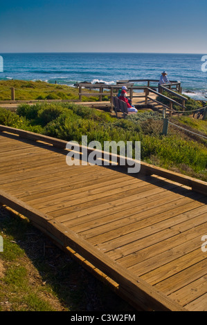 Holzsteg entlang der Küsten Klippen in Cambria, Kalifornien Stockfoto