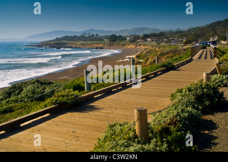 Holzsteg entlang der Küsten Klippen in Cambria, Kalifornien Stockfoto