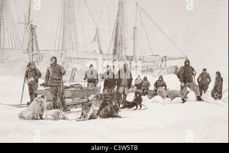 Nansen und Johansen bereit, die Fram bei ihrem Versuch, den Nordpol mit Hund Schlitten während der Fram polar Erfahrung erreichen lassen Stockfoto