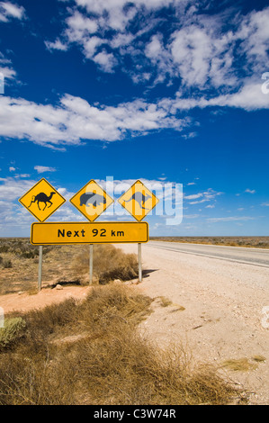 Verkehrszeichen auf der Eyre Highway, Nullarbor Plain, South Australia. Stockfoto