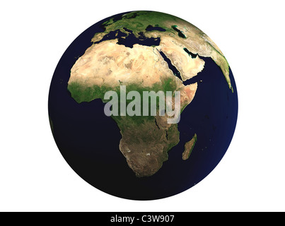 Earth 3D. Isoliert auf weißem Hintergrund. Afrika im Mittelpunkt. Stockfoto