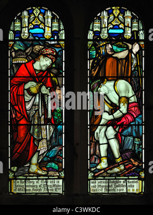 Der barmherzige Samariter, Fenster, Kirche der Heiligen Maria. Sebergham, Cumbria, England, Vereinigtes Königreich, Europa. Stockfoto