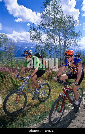 Zwei Männer reiten Mountain-Bikes. Stockfoto