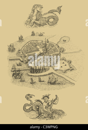 Altstadt mit Monster-illustration Stockfoto