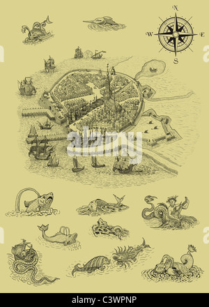 Alte Burg Abbildung mit Monstern Stockfoto