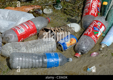 Weggeworfene Plastikflaschen, Coca-Cola-Flaschen, Softdrinktaschen, Canvas Shoe und andere Abfälle oder Abfälle, Camargue Wetlands, Frankreich Stockfoto