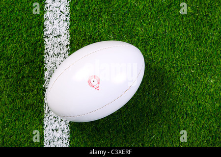 Foto von einem Rugby-Ball auf einer Wiese neben der weißen Linie, von oben geschossen. Stockfoto