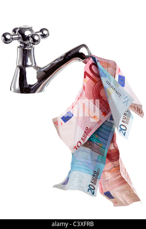 Foto von einem Wasserhahn oder Wasserhahn mit Geld fließt daraus gute Cashflow Konzept Bild, isoliert auf weißem Hintergrund. Stockfoto