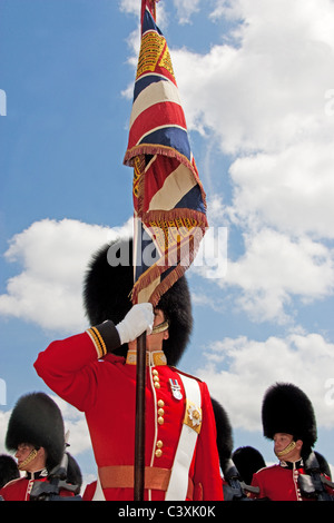 Ein Scots Guards standard Bearer im abgebildeten im Portrait-format vor blauem Himmel mit flauschigen Wolken. Soldaten bilden die Kulisse. Stockfoto