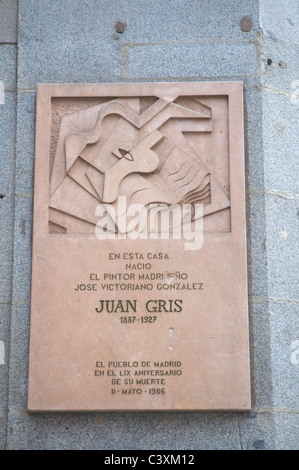 Gedenktafel für Spanisch kubistischen Maler und Bildhauer JUAN GRIS aka José González-Pérez Victoriano zentral Madrid-Spanien Stockfoto