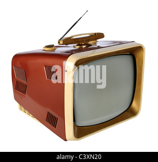 Vintage TV isoliert auf weißem Hintergrund - mit Beschneidungspfad auf TV und Leinwand Stockfoto