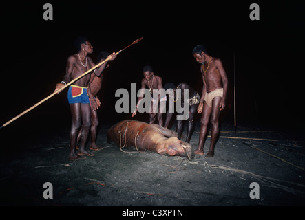 El Molo Krieger herausziehen der Poles Speere aus einem Toten Nilpferd aus ihrer Jagd. Turkana-See - Kenia. Stockfoto