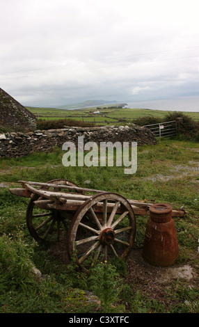 Bauernhof-Cart und alte Milchkanne im ländlichen Irland Stockfoto