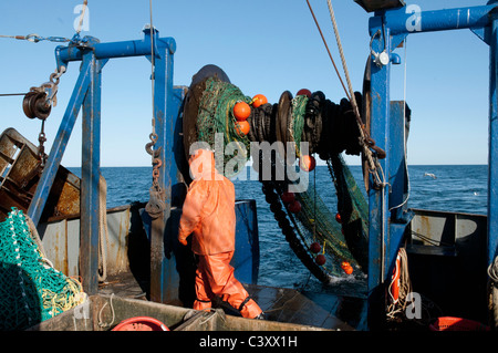 New England Fischer in dem Dragger net auf seinem Boot schleppen. Stellwagon Bank, New England, Atlantik. Stockfoto