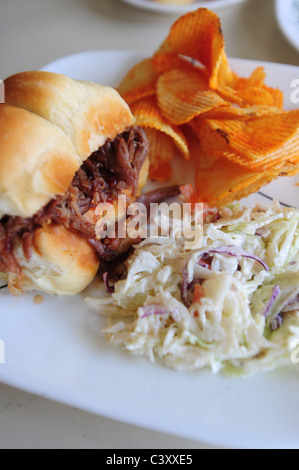 Essen Essen Virginia BBQ zog Schweinefleisch Sandwich, Krautsalat & chips Stockfoto