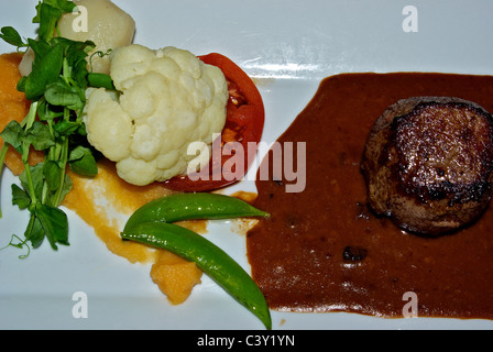 Hauptgericht gegrilltes Rindfleisch Filet in der Reduzierung der dunklen Soße gedämpft gemischt Gemüse Kresse garnieren Stockfoto