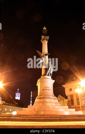 Denkmal für Adam Mickiewicz in Lemberg in der Nacht Stockfoto