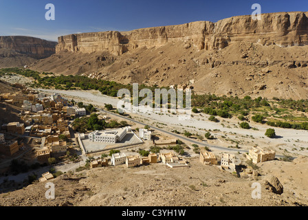 Ort Khaylla, Khaylah, Wadi Doan, Wadi Hadhramaut, Jemen, Arabien, Nahost, Dorf, Häuser, Tal, Schlucht, Fluss, Landschaft, Stockfoto