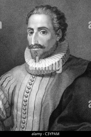 Miguel de Cervantes Saavedra (1547-1616) auf Gravur von 1800 s. Spanischer Schriftsteller, Dichter und Dramatiker. Stockfoto