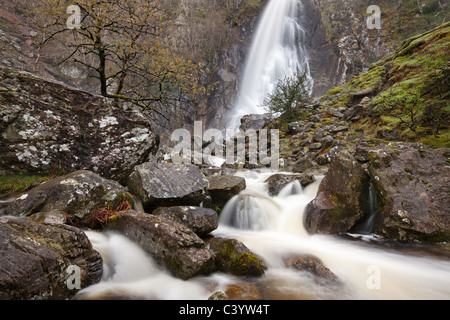 Aber fällt auf Afon Rhaeadr-Fawr, Snowdonia-Nationalpark, Gwynedd, Nordwales, UK. Frühling (April) 2011. Stockfoto