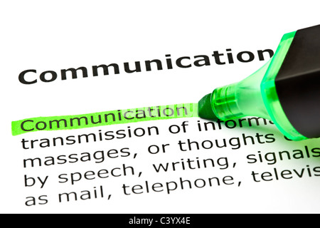 Das Wort fühlte "Kommunikation" in grün mit hervorgehobenen Filzstift Stockfoto