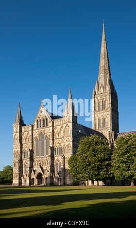 Die aufwendige Westfront und Turm der Kathedrale von Salisbury, Salisbury, Wiltshire, England. Frühjahr (Mai) 2011. Stockfoto