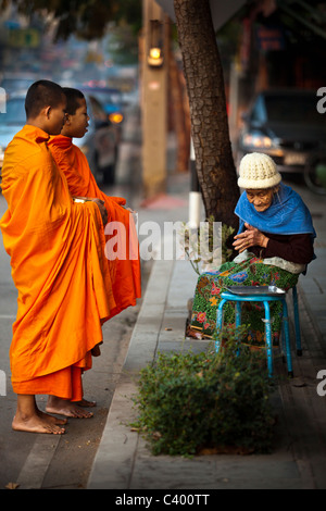 Alte Dame anbietennahrung für zwei junge Mönche religiöse Mendicancy am frühen Morgen, Lampang, Thaiand Stockfoto