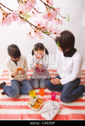Mutter und Töchter bei Picknick unter Kirschblüten Stockfoto